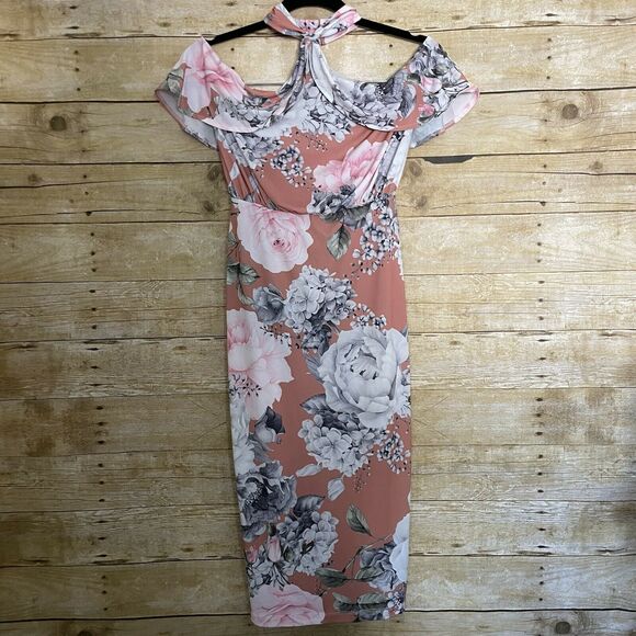 ASOS Dusty Pink Floral Halter Top Ruffle Midi Dress - Size 4/UK 8 - Maternity - Picture 1 of 7